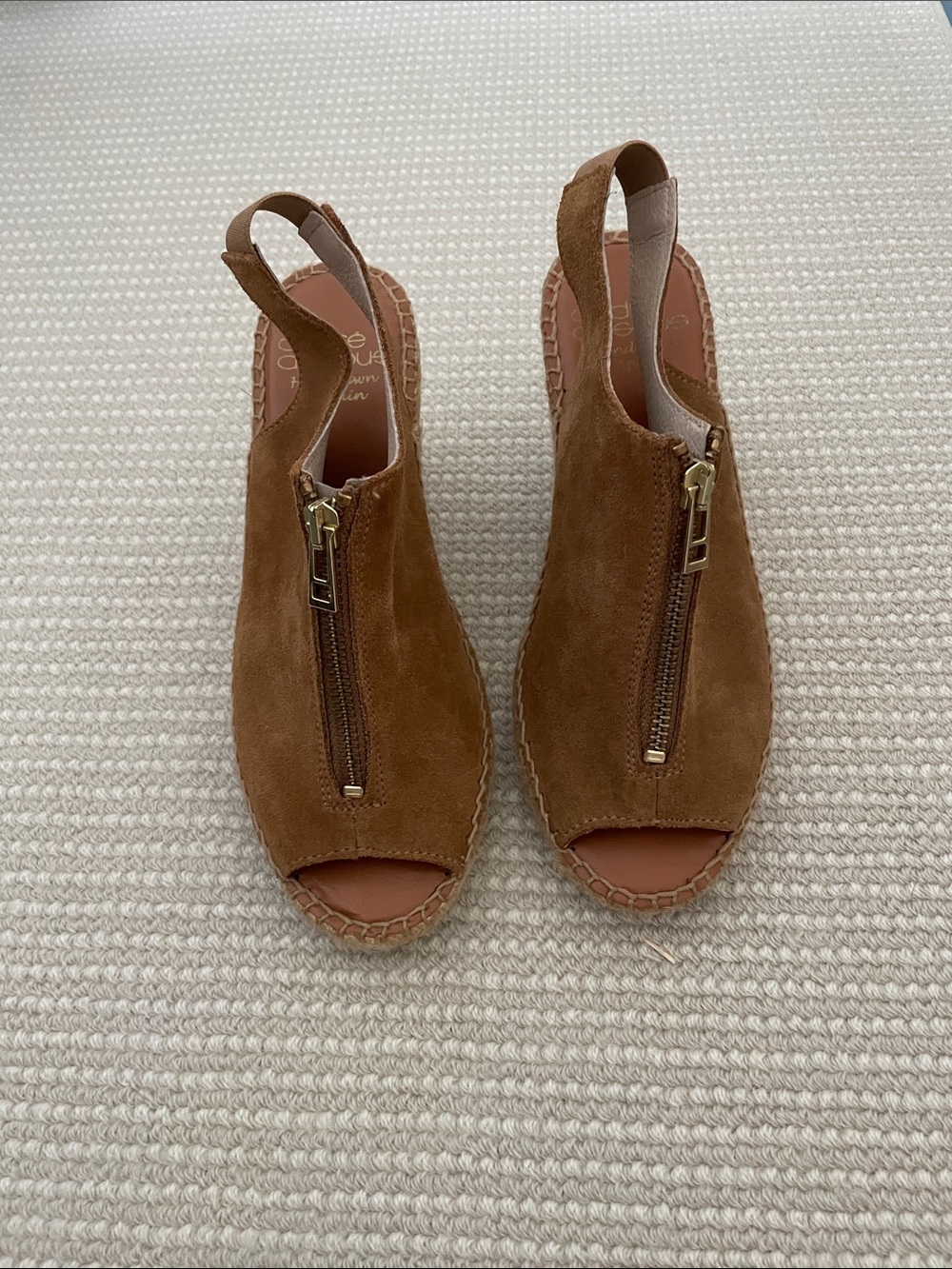 Andre Assous Brown Suede Peep-Toe Wedge Sandals with Front Zips